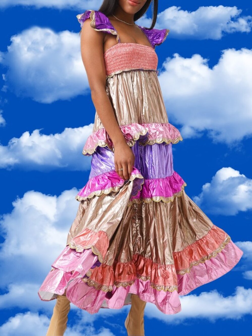 CeliaB Ladimar Dress Metallic Tiered Ruffle Dress Size XS MSRP $675